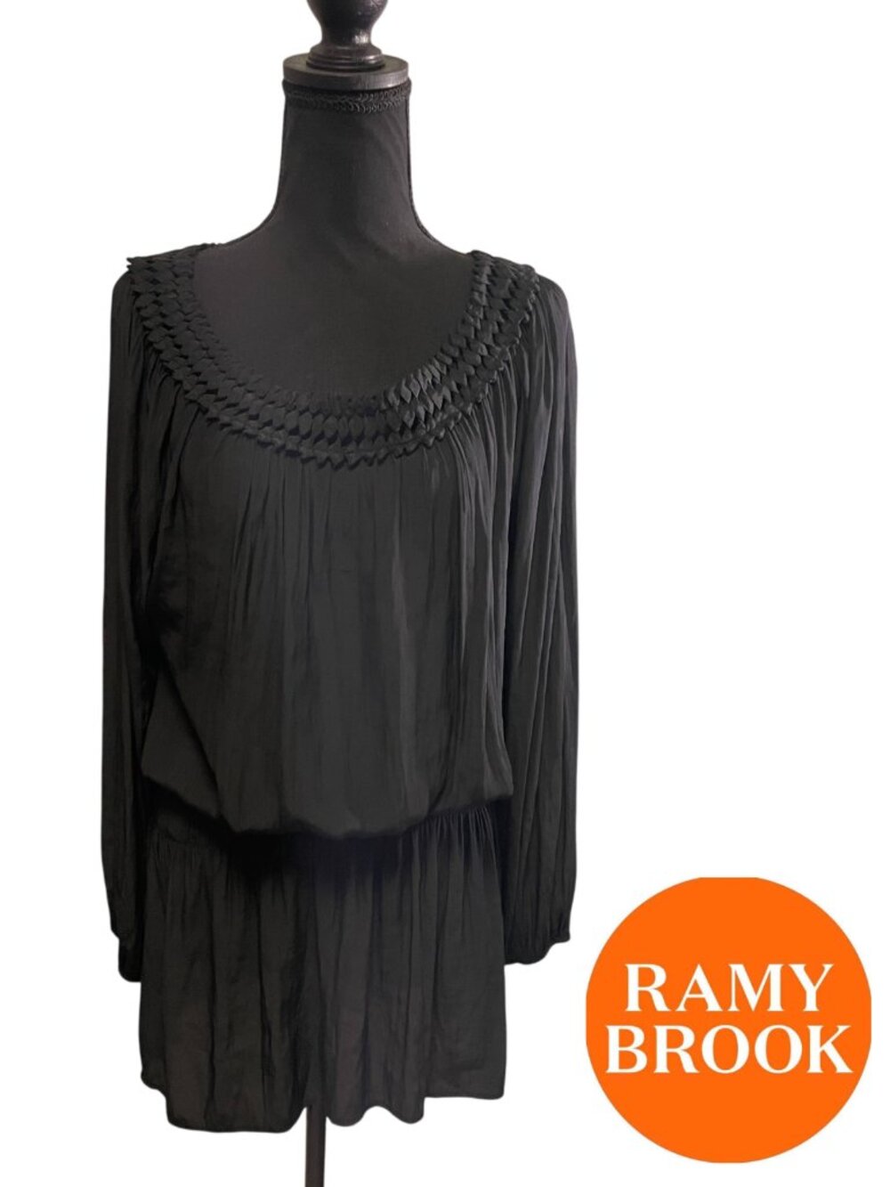 Ramy Brook Black Long Sleeve Blouson Dress Braided Neckline Size L